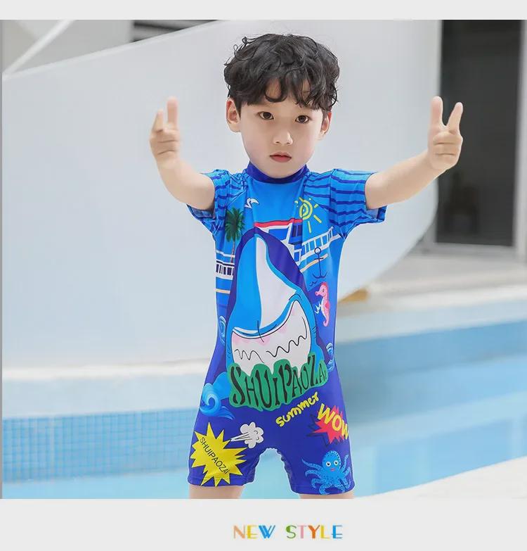 Kids' One-Piece Shark Swimsuit with Swim Cap - Korean Style, Quick-Dry, UV Protection for Boys In Small, Medium, and Large.