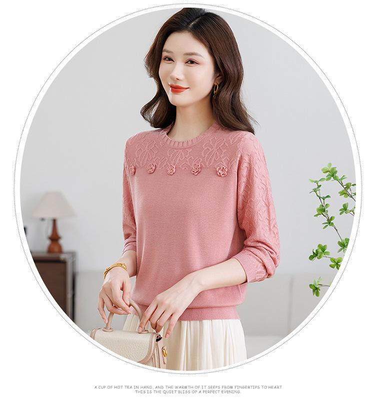Mom's Spring Wool Sweater: Women's Round Neck Long Sleeve Knitwear - 2026 Fashion Loose, Age-Reducing Thin Top for Spring/Summer