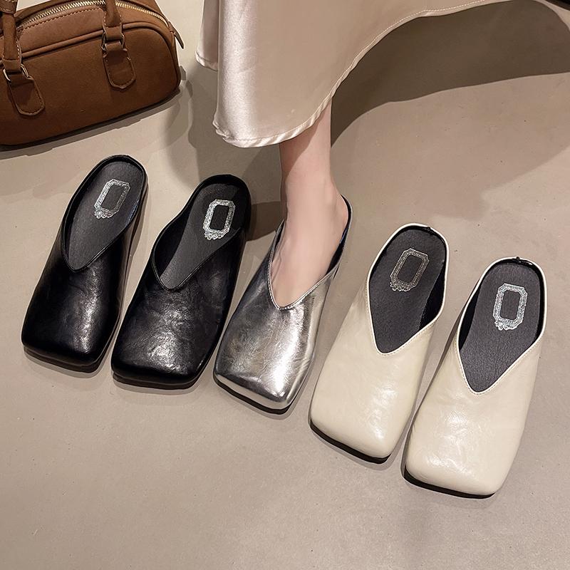 Shoes Slippers Flat Big Size Loafers Square Toe Slides Mules For Women 2025 Cover Retro Flat Shoes Female Big Size Ladies' Slipp