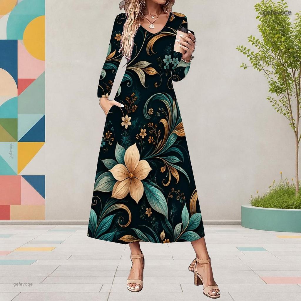 Women Plus Size Round Neck Long Sleeve Black Butterfly Printed Midi Dress With Pockets