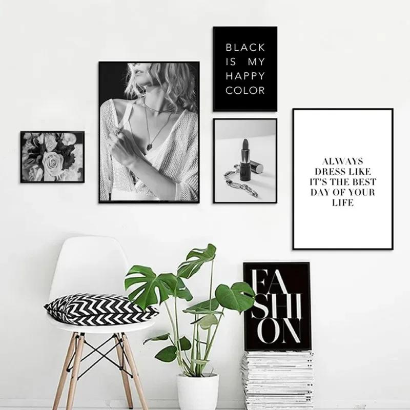 Fashion Black And White Sexy Poster Flower Women Motivational Text Minimalist Canvas Painting for Living Room Modern Home Decor