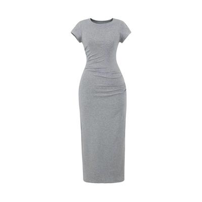 Wind Summer Round Neck Short-sleeved Dress Design Pleated Elastic Slim Sexy Hip-wrapped Knee Dress