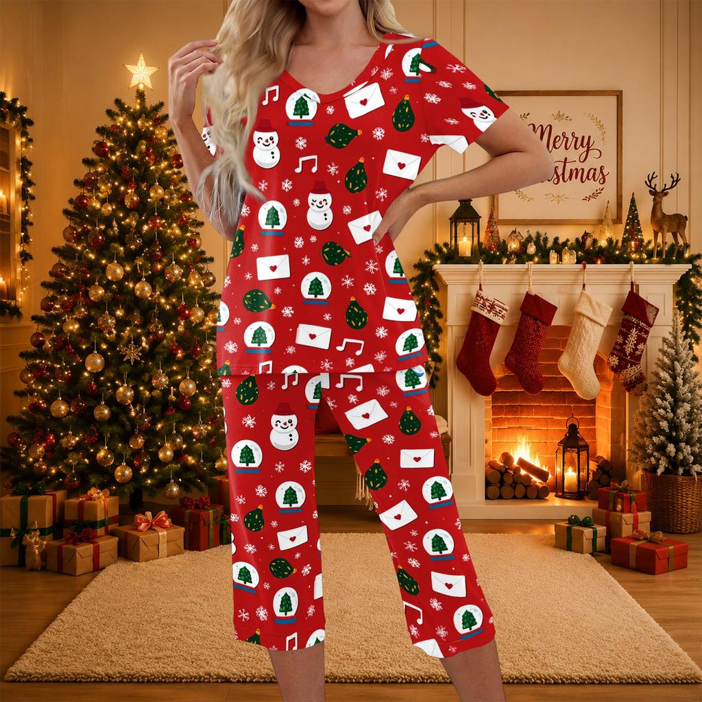 Women's Casual Christmas Print Two Piece Athletic Set Short Sleeve Top and Pants