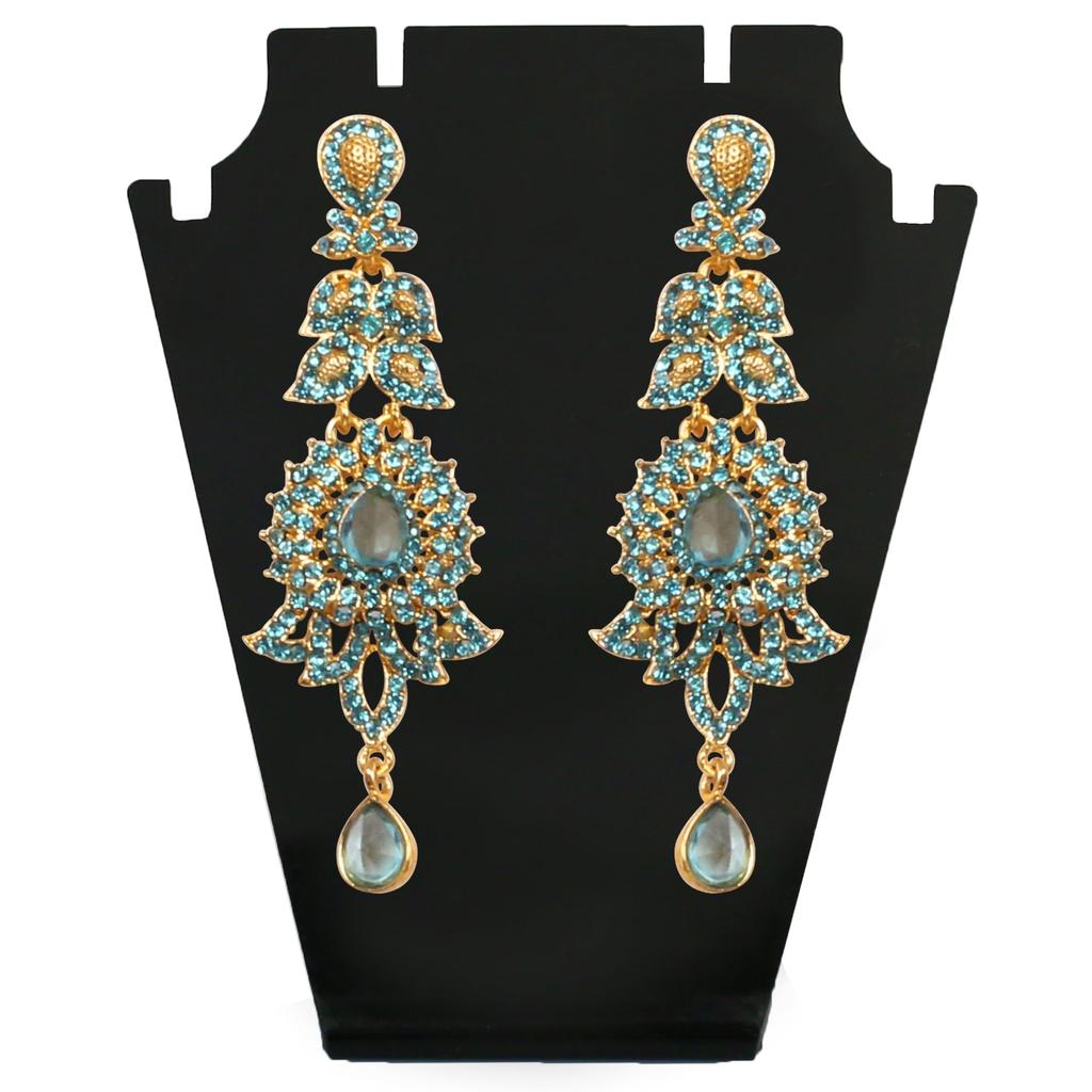 Touchstone Indian Bollywood Glamorous Handmade Contemporary Designer Jewelry Long Chandelier Earrings Rhinestone Crystal Gold Silver Tone Turquoise