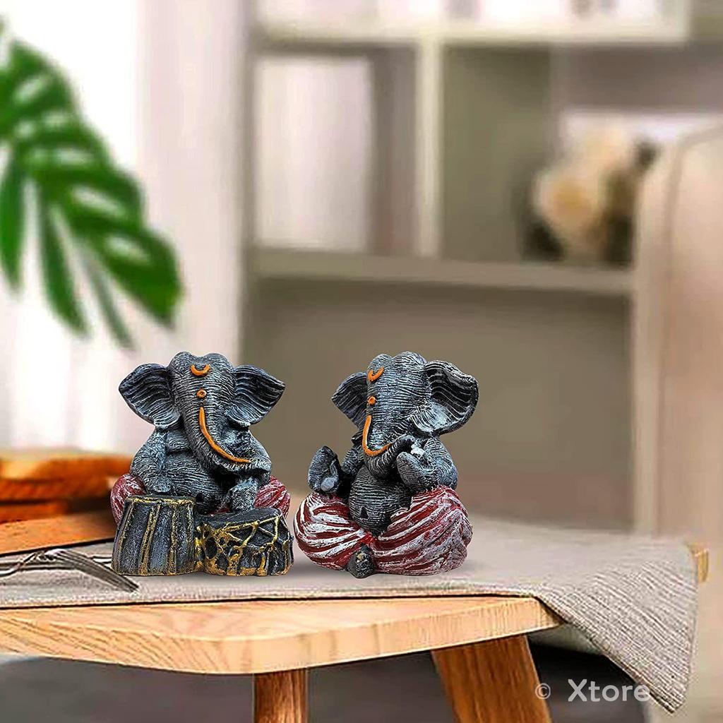 Beautiful Resin Ganesha Pair for Home Decor | Brings Prosperity - (Grey & Red, Pack of 2)