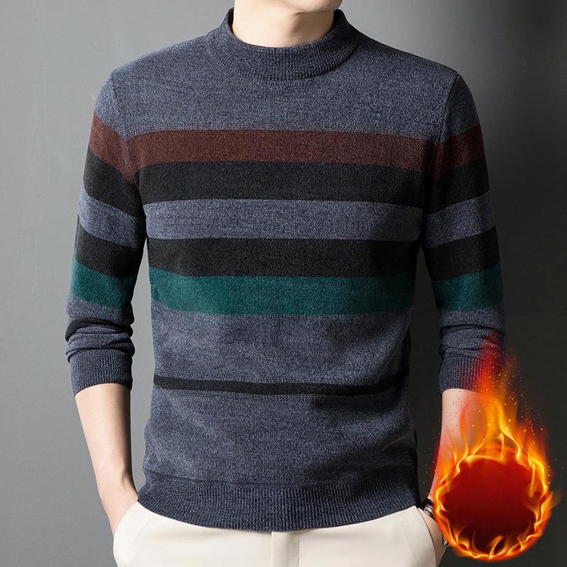 Winter Striped Crew Neck Sweater for Men - Casual Polyester Blend, Medium Stretch, Long Sleeve Knit Pullover with Rib-Knit Regular Fit Warm Sweater