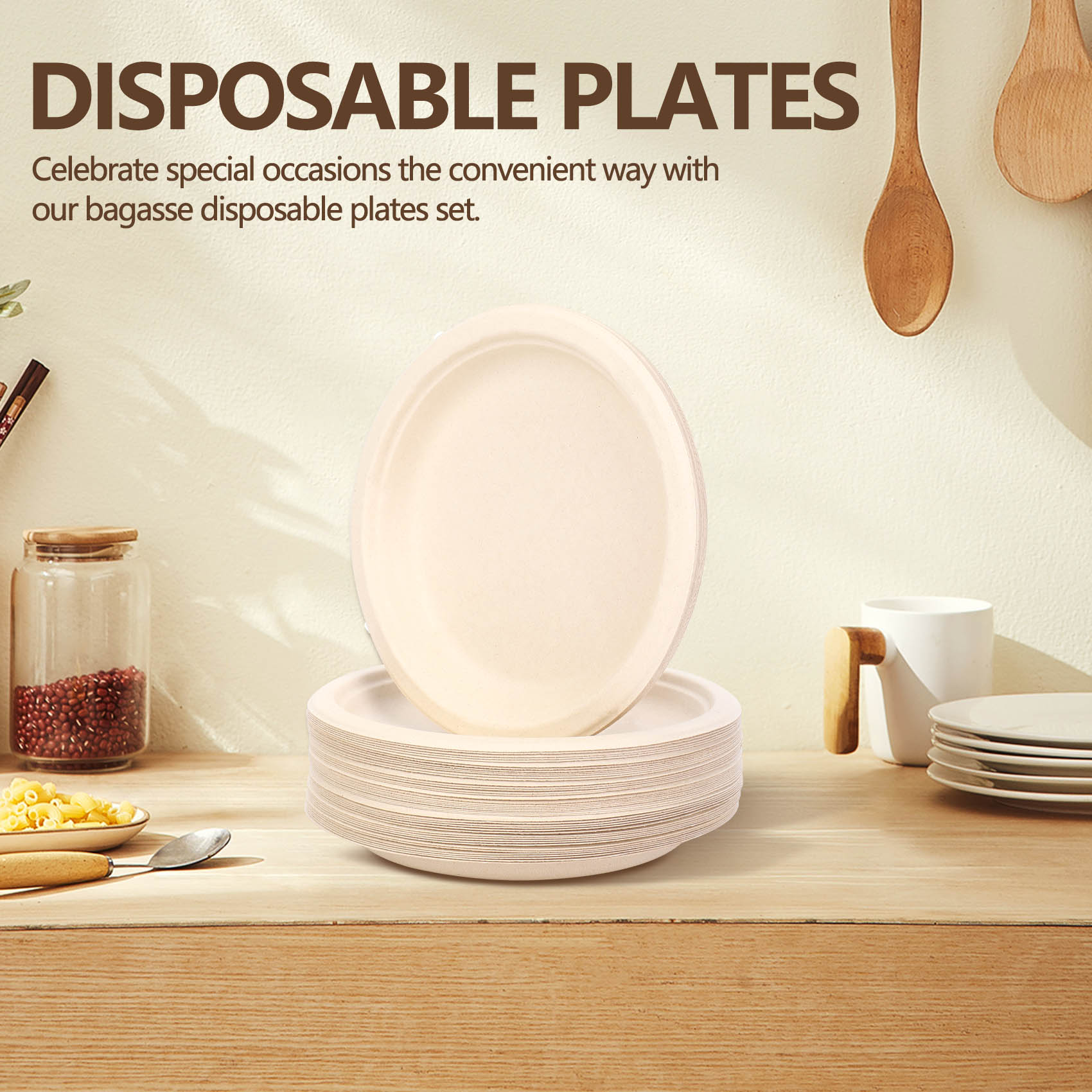 ABBY-100 Pack 7In Compostable Disposable Round Bagasse Paper Plates,Biodegradable Sugarcane Fibre