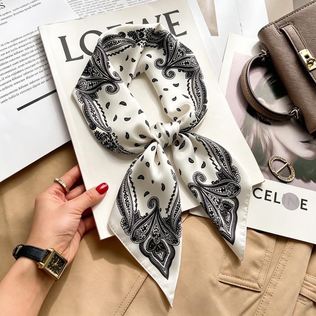 Autumn and winter Maillard cashew square scarf silk scarf women's shirt versatile neck small scarf tied hair decorative scarf