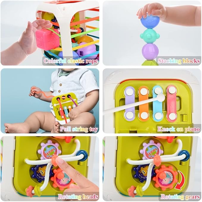 7-in-1 Interactive Activity Cube , Montessori Sensory & Educational Toy for 1 2 3 Year Old Boys Girls, Multicolor