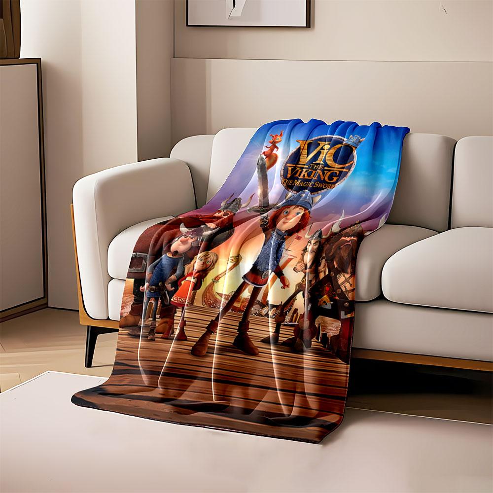 

A group of Viking characters standing on a dock with a magic sword theme. for all seasons blanket lunch break throw gift 80cm x 120cm