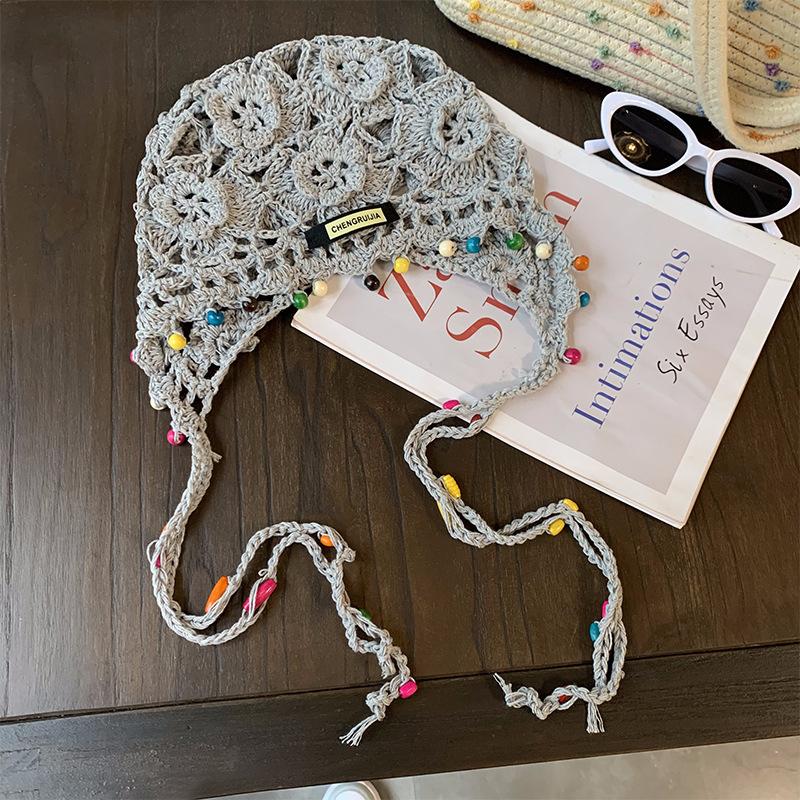 Vintage Bohemian Style Flower Fringed Woven Beanies for Women Summer Outing Versatile Hollow Breathable Fashion Pullover Hats