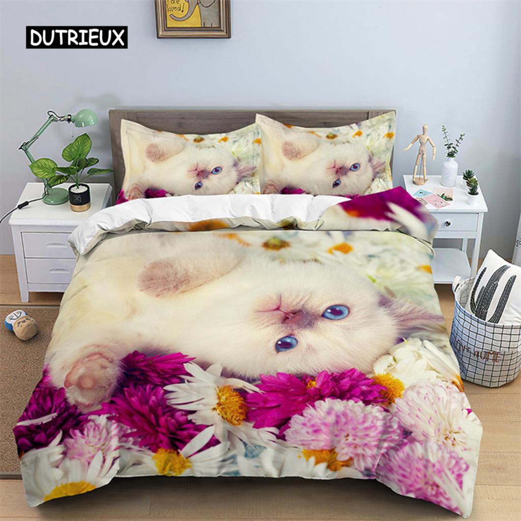 3D Cat Print Duvet Cover Floral Bedding Set Twin Full For Kids Girls Boys Room Decor Luxury Microfiber Funny Animal Quilt Cover