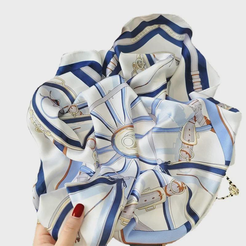 Summer 2023 Blue & White Silk Scarf: Elegant & Versatile 70cm Square Scarf for Women