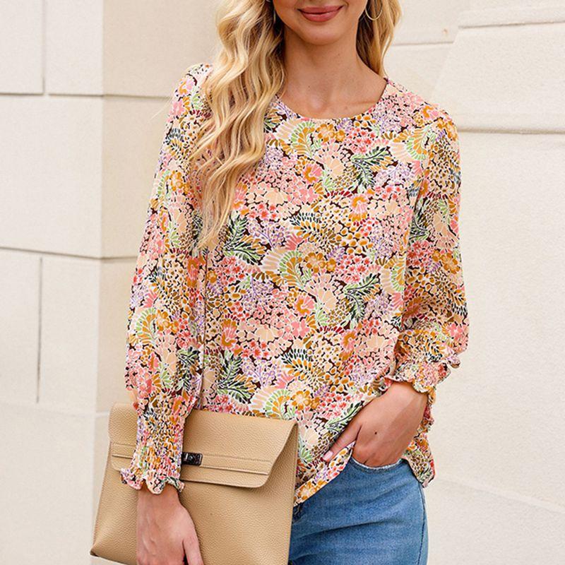 

2024 Spring Autumn Ethnic Style Floral Long Sleeves Thin Chiffon Shirt Women s Fashion Bohemia Print Pullover Shirt Yellow Size L fit (65.00 kg-72.50 kg