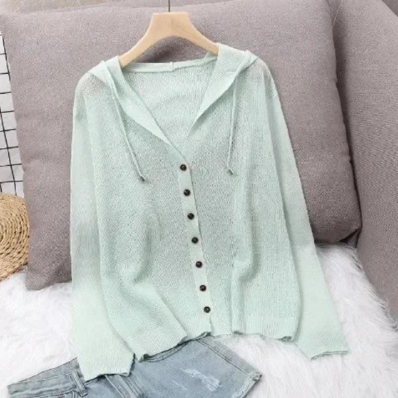 Summer Short Knitted Cardigan Coat Women's Hooded Ladies Solid Color Button Sun Protection Thin Outdoor Outwear