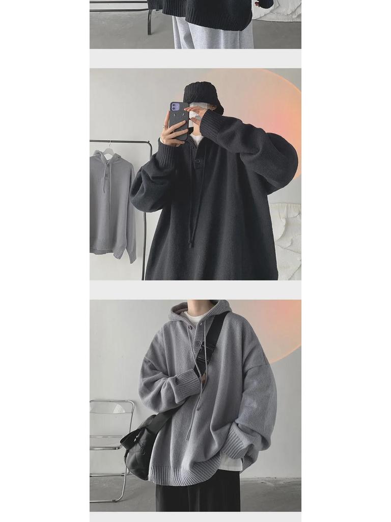Men's Retro Hooded Turtleneck Sweater - Autumn/Winter Loose Knit Cardigan Jacket