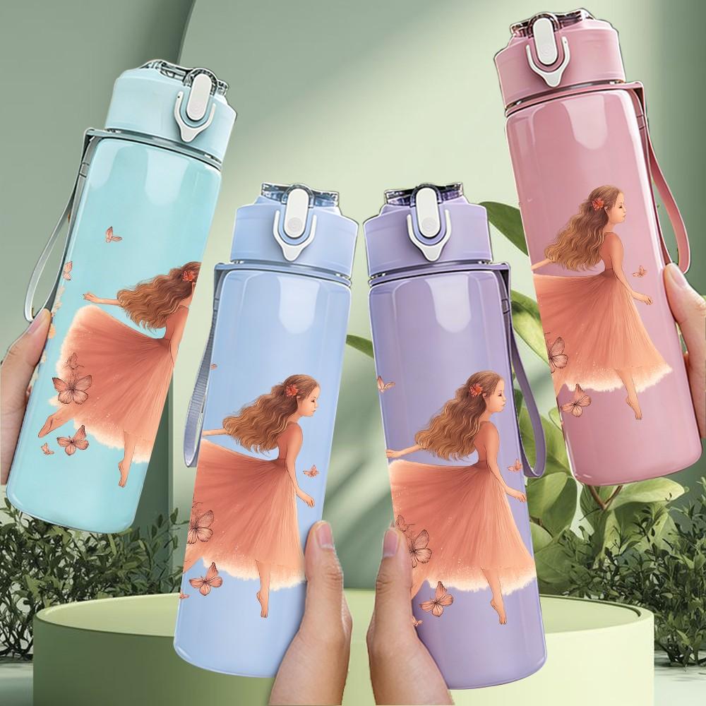 1PC Two Dancing Girl Silhouette 750ml Color Plastic Sports Water Bottle Leakproof Flip Straw Lid Suitable for Sports Office Home Use
