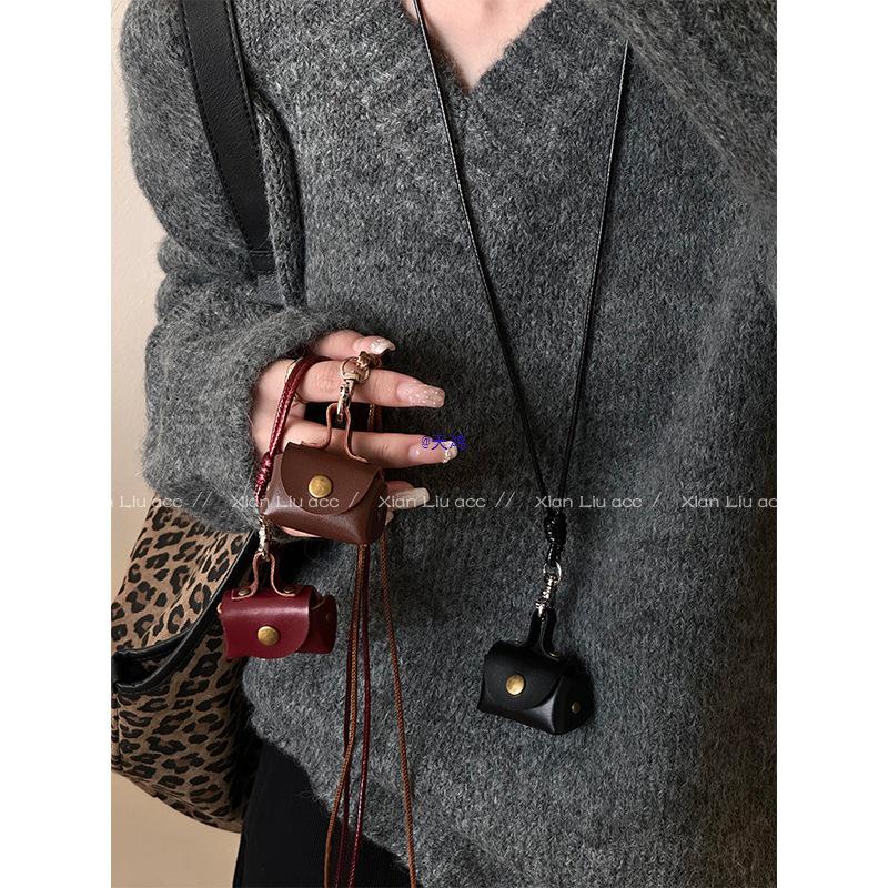 Leopard Print Leather Coin Purse Necklace & Earphone Case Pendant with Long Sweater Chain Storage Pouch