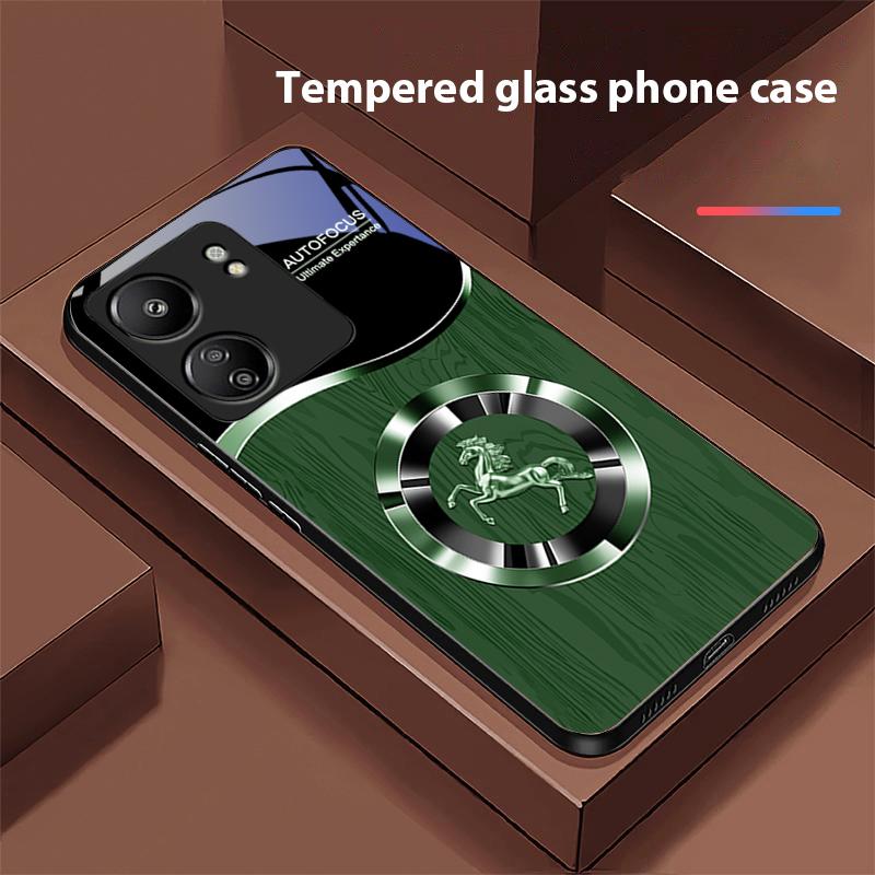 Holzmaserung Pferd Blau Für Xiaomi Redmi 13C Note13 12 Pro Plus 5G Note 9 13T Pro POCO X6 F5 F6 Schwarz Hartglas Handyhülle