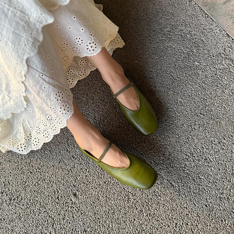 Johnature Genuine Leather Shallow Elastic Band Women Flat Shoes Versatile Round Toe Solid Color Slip-on Shoes