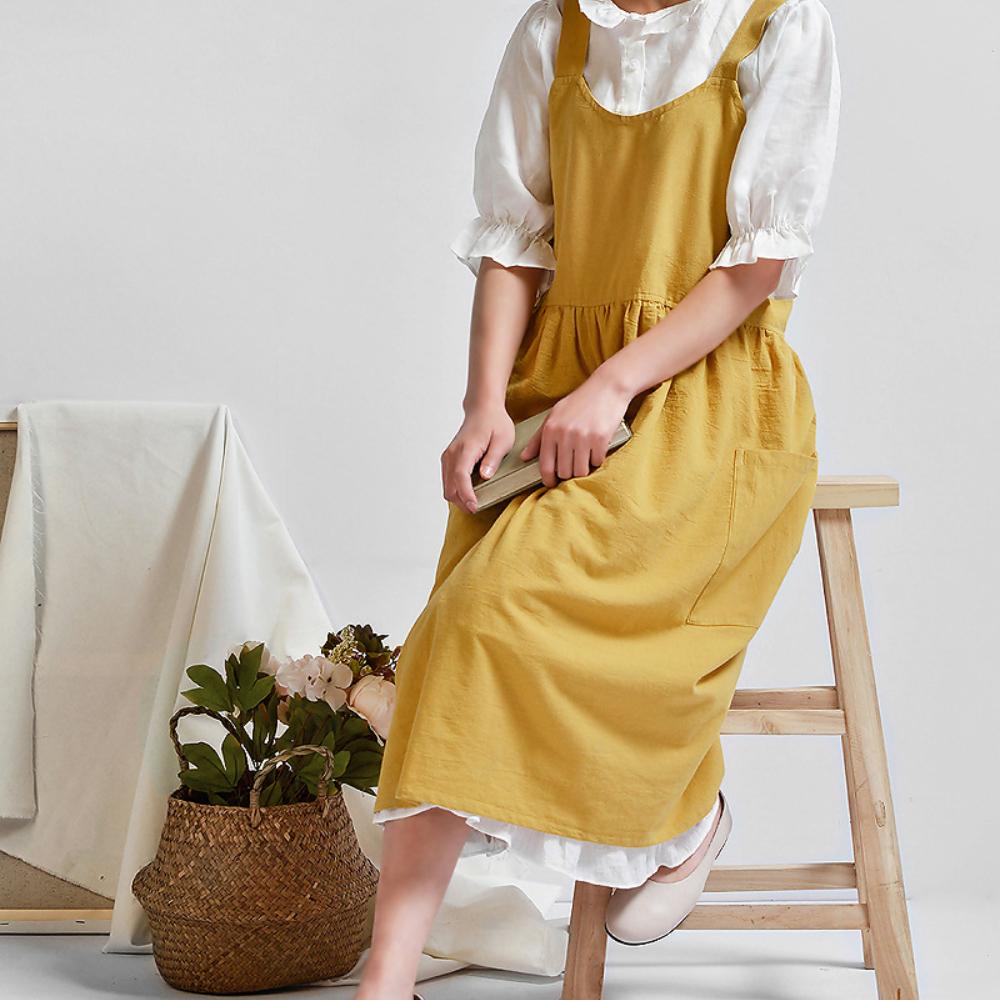 Green Cozy Kitchen Apron Korean Style Cotton Apron Soft with Adjustable Aprons for Women with Pockets Cooking Kitchen Baking