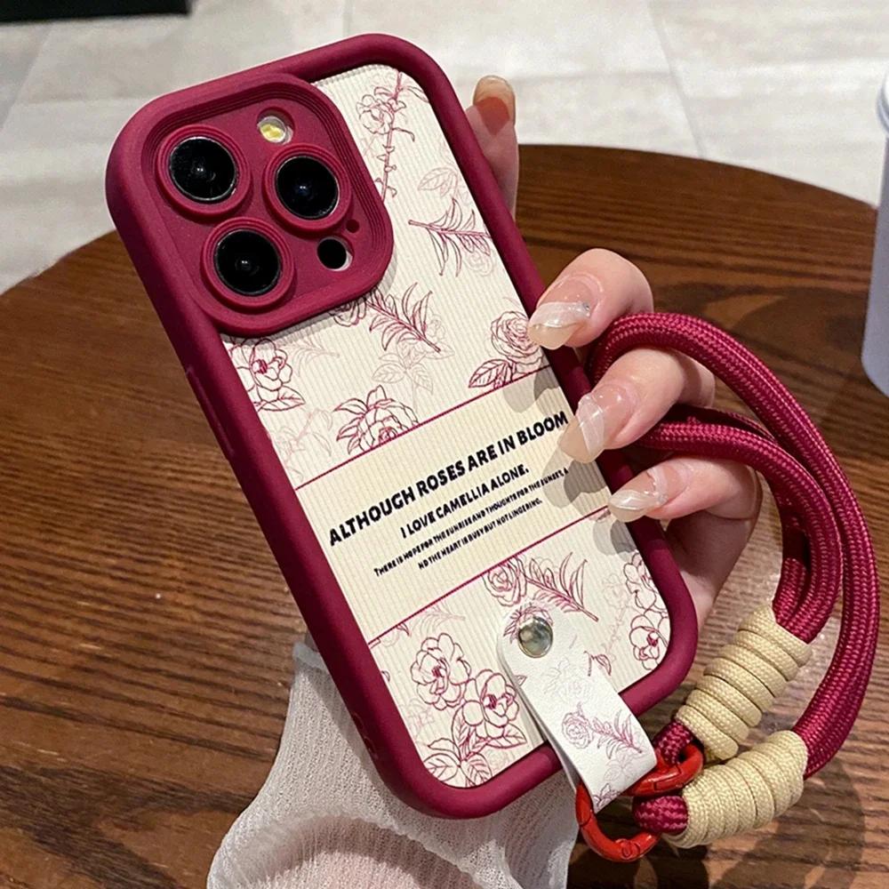 Luxury Camellia Wrist Strap Phone Cases for iPhone 13 11 14 15 Plus 12 16 Pro Max X XR XS 15pro MAX Case Silicone Lanyard Cover