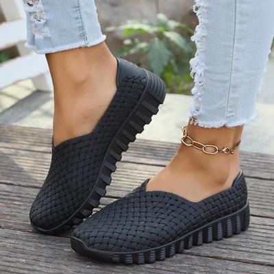 Femme Été Nouveau Plat Léger Chaussures Décontractées Tissé Sandales de Sport Légères Mode Polyvalent Noir Antidérapant Baskets Mocassins pour Femmes