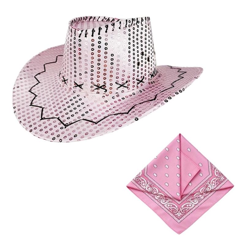 Gold Sequins Western Cowgirls Hat with Bandana Costume Set For Parties And Theme Event With Comfortable Acrylic Fabric