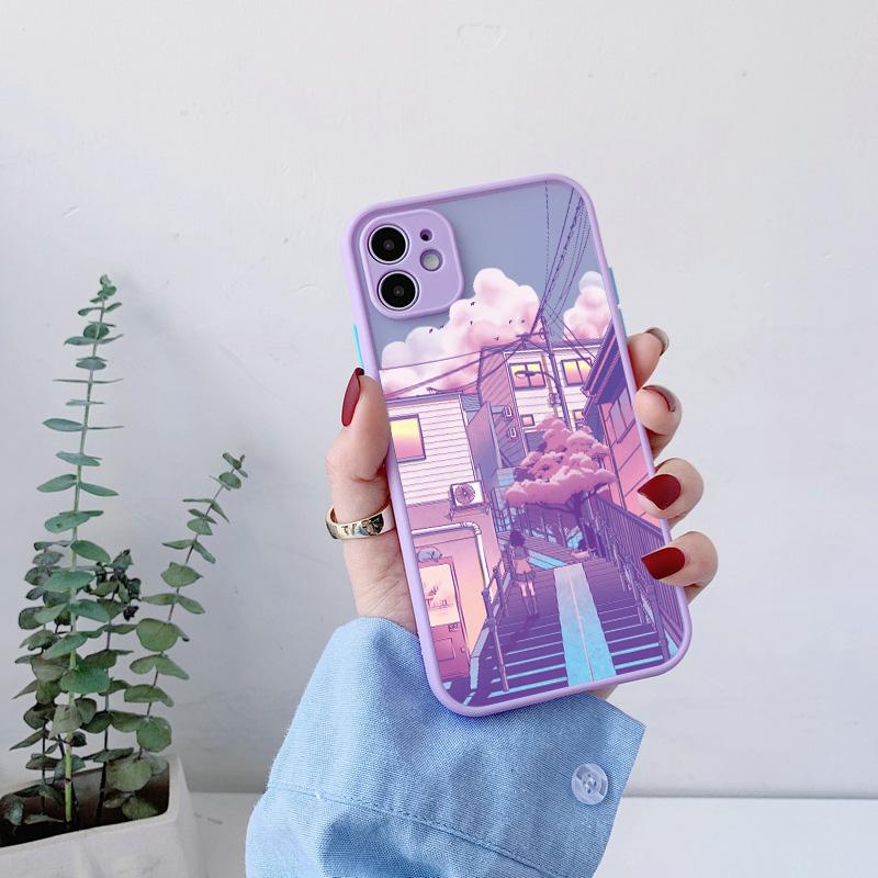 Japan Anime Landscape Phone Case For iPhone 16 11 15 12 14 Pro Max 12 13 Mini 7 8 Plus X XR XS Matte Purple Street View Cover