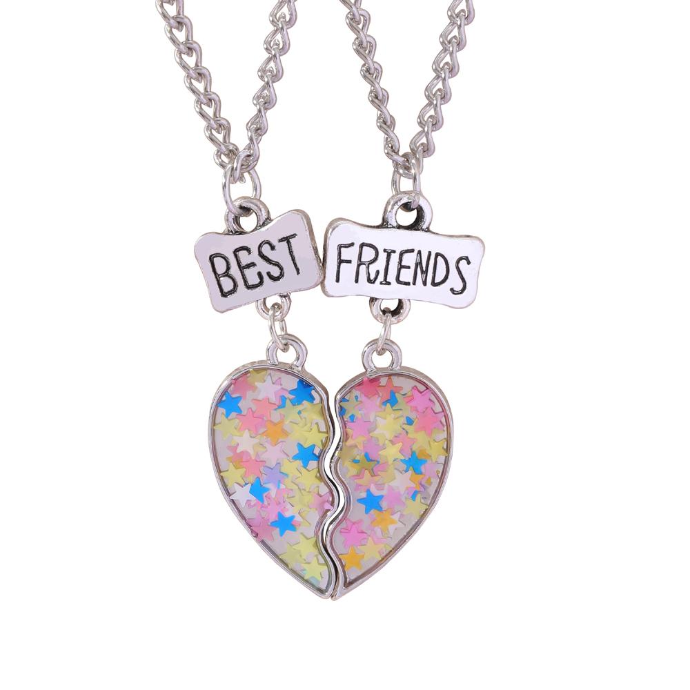 Set di 2 Collane con Ciondolo a Mezzo Cuore Colorato Catena con Perline Fascino Migliori Amici Choker Gioielli BFF Per Bambini Amicizia