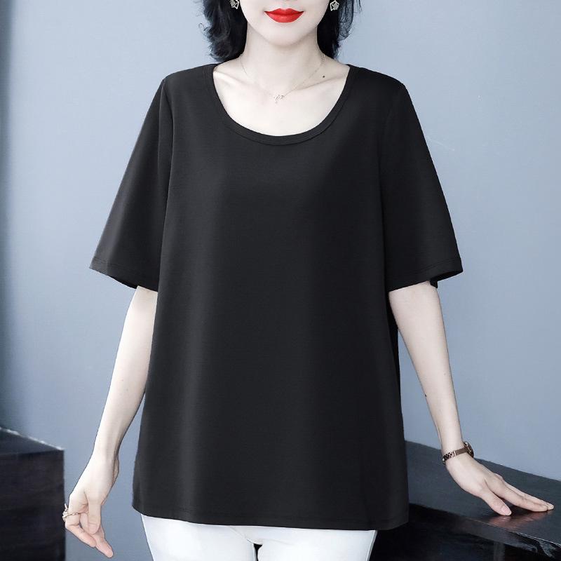 

Элегантная однотонная летняя футболка с коротким рукавом из хлопка для зрелых женщин 6XL (220-240 jin) чёрный