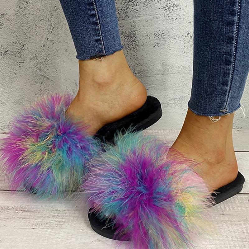 Fashion Mix Color Faux Fur Cotton Slippers for Women Fashion Open Toe Flats Slippers Woman Indoor Lightweight Non Slip Plush Slides Lady