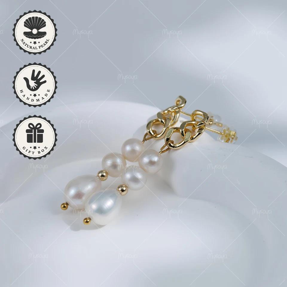 MYSOYA White Rice Shape Freshwater Pearl Earrings with Gold Chain US золотой