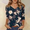 Damebluser Trekvart ermet skjorte V-hals Løs fritidsskjorte Trykk T-skjorte