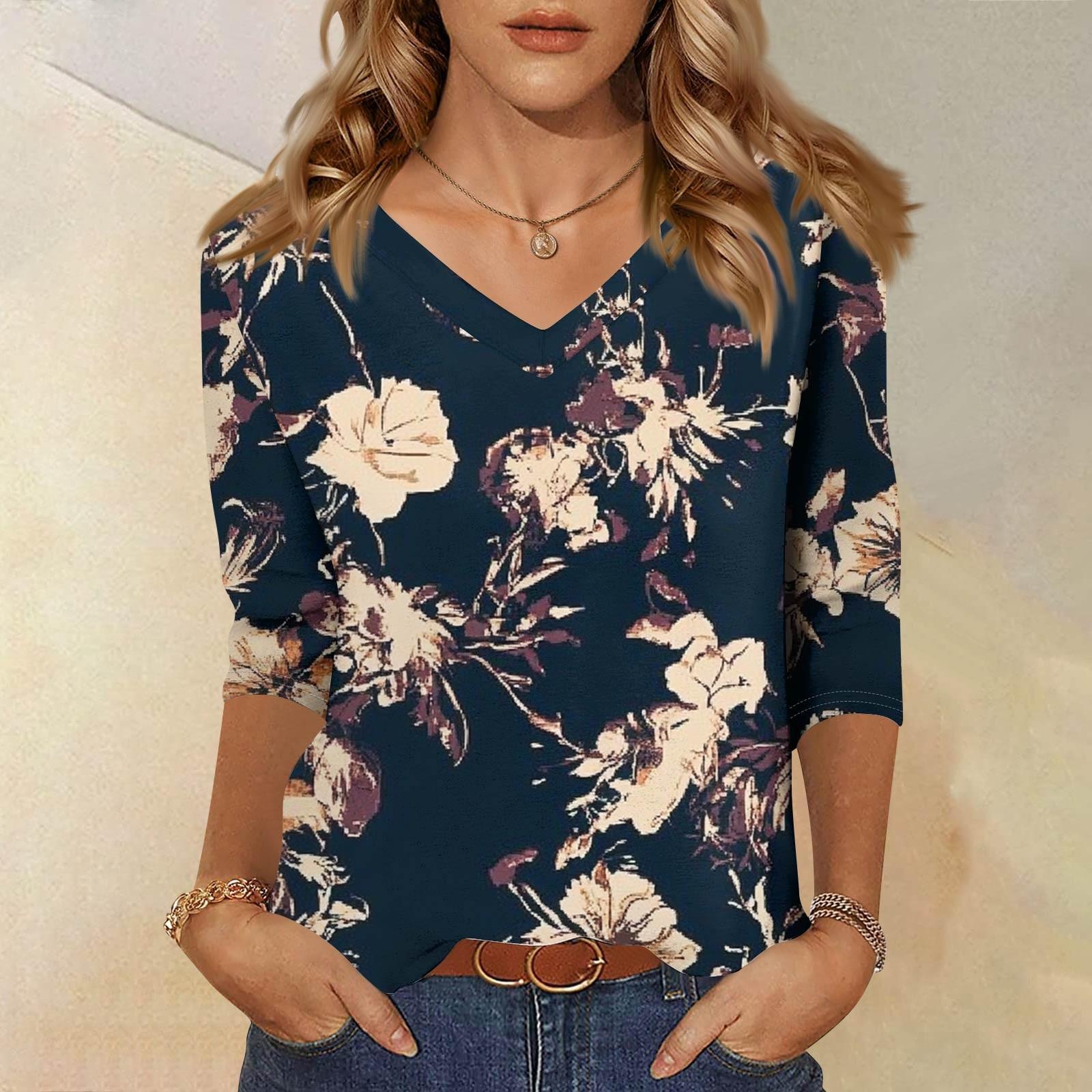 

Женские топы Рубашка с рукавом три четверти V-образный вырез Свободная повседневная рубашка Футболка с принтом XL тёмно-синий