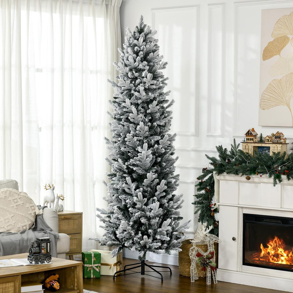 Snowy Christmas Tree 225cm with 988 Branches and Steel Base for Indoor Use with Automatic Opening