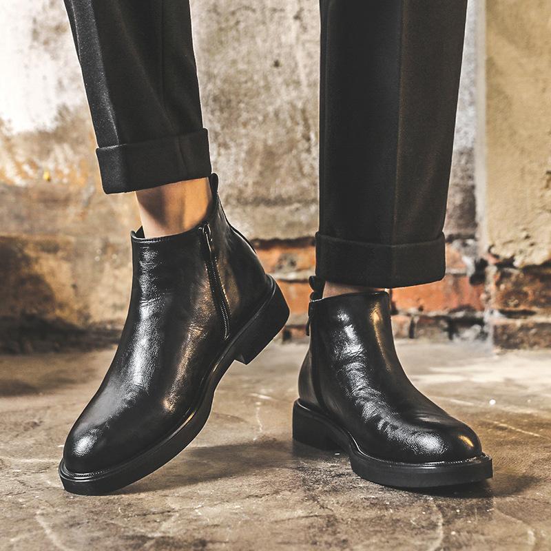 Chelsea Boots Herren Britischer Stil Low-Top Martin Stiefel Lederschuhe Herren Business Casual Spitz Kurze Stiefel 85711-J