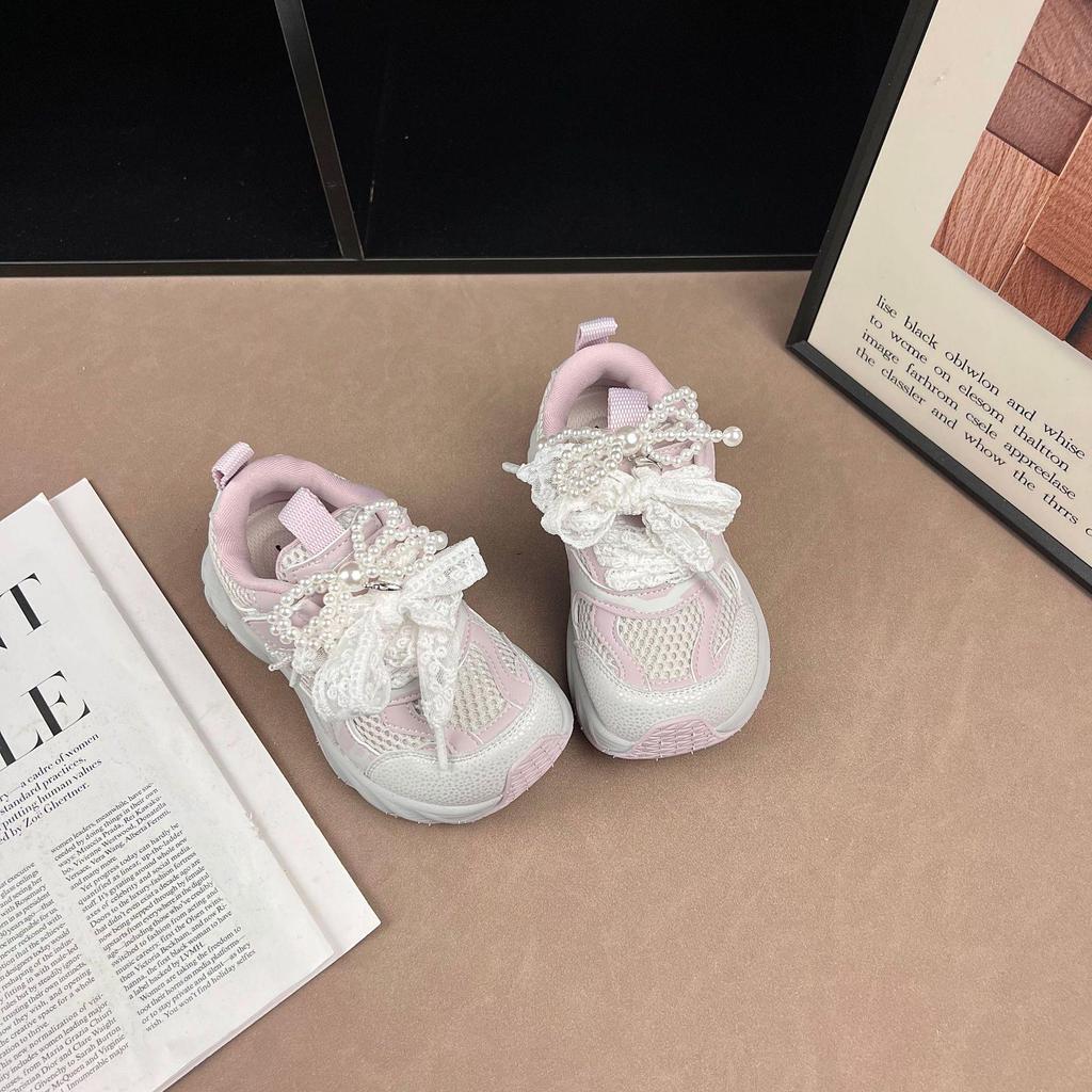 Girls' Lightweight Rhinestone Bow Sneakers - 2026 Spring/Autumn Fashion Sports Shoes