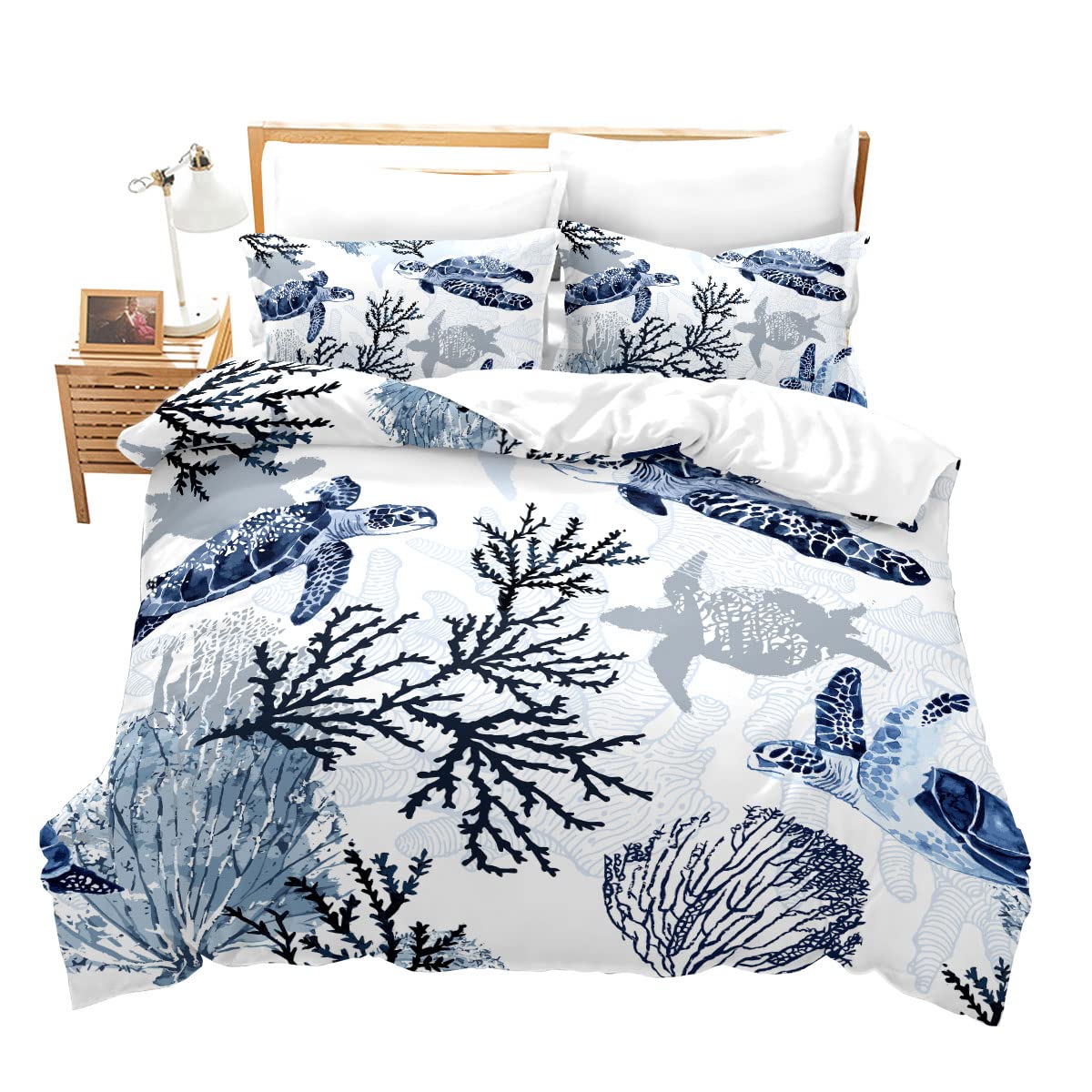 Housse de couette Tortue Marine Taille Double King, Ensemble de literie Animal Reptile Tortue, Housse de couette Vie Marine, Housse de couette Océan Hawaïen EU Single(135x200cm)