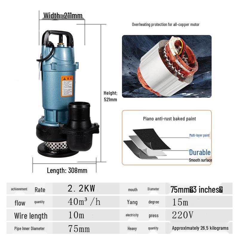 Dayuan 220V High-Pressure Submersible Pump for Agricultural, Industrial, and Household Water Irrigation