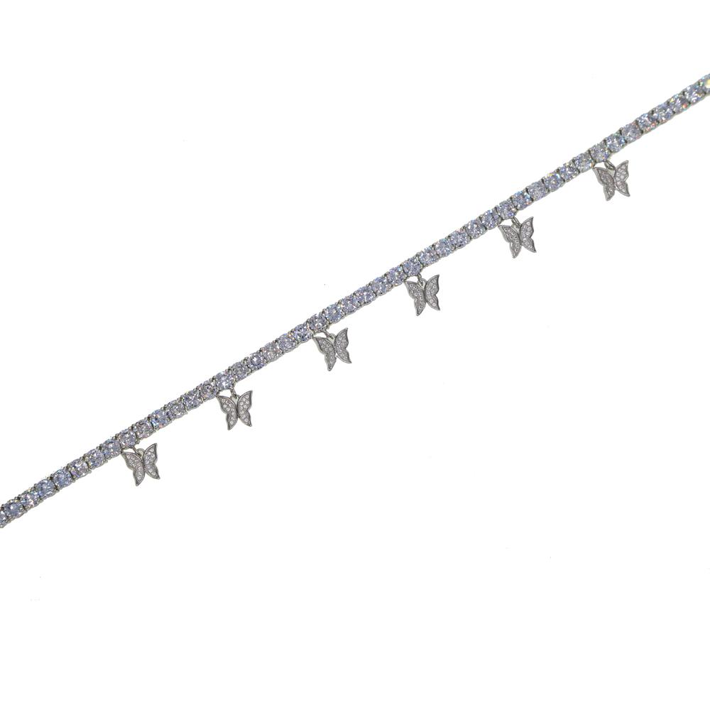 In Stock Fashion Women Iced Out Bling Brass Jewelry CZ Tennis Chain Butterfly Charm Pendant Choker Necklace for Wedding & Party