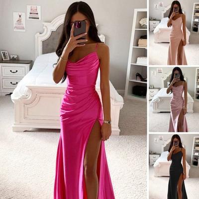 Lady Evening Dress Stain Side Slit Pleated Backless Slim Fit Spaghetti Strap