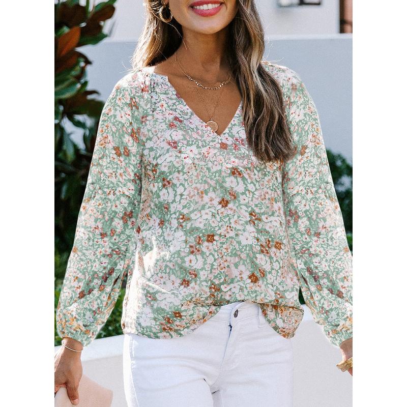 2026 New Spring and Autumn Women's V-neck Chiffon Top Lantern Sleeve Floral Casual T-shirt