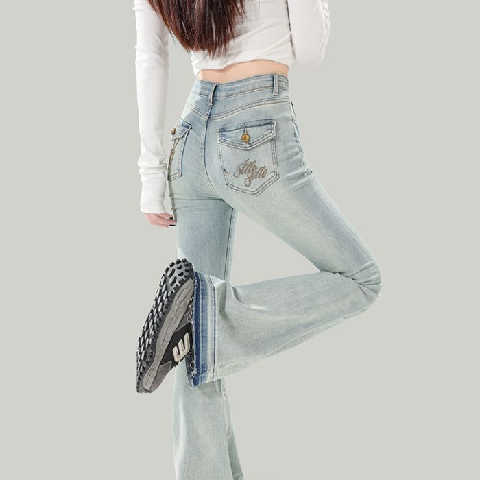Spring Vintage Fashion All Match Slim Micro Flare Denim Pants For Women Casual Pants Oversize Denim Trousers