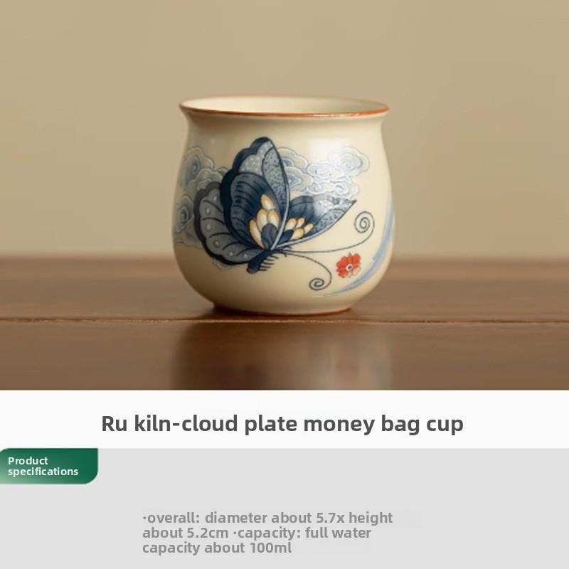 Ручная роспись Керамика Килн Зеленовато-голубой Чайная чашка Форма кошелька для монет Мастер-чашка с трещиноватой глазурью Антикварный стиль Китайское произведение искусства 100ml