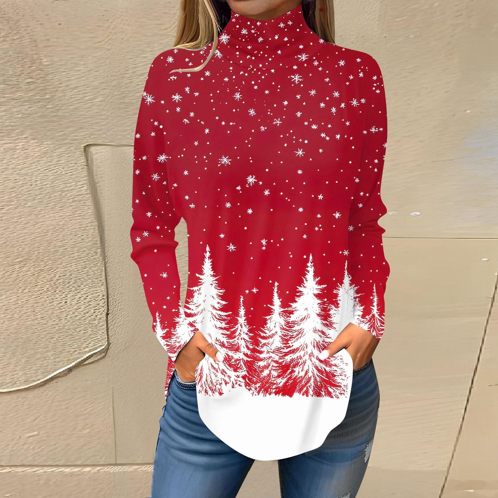 

Женская модная повседневная футболка с высоким воротом и рождественским принтом, длинный рукав, пуловер, топ XXXL красный