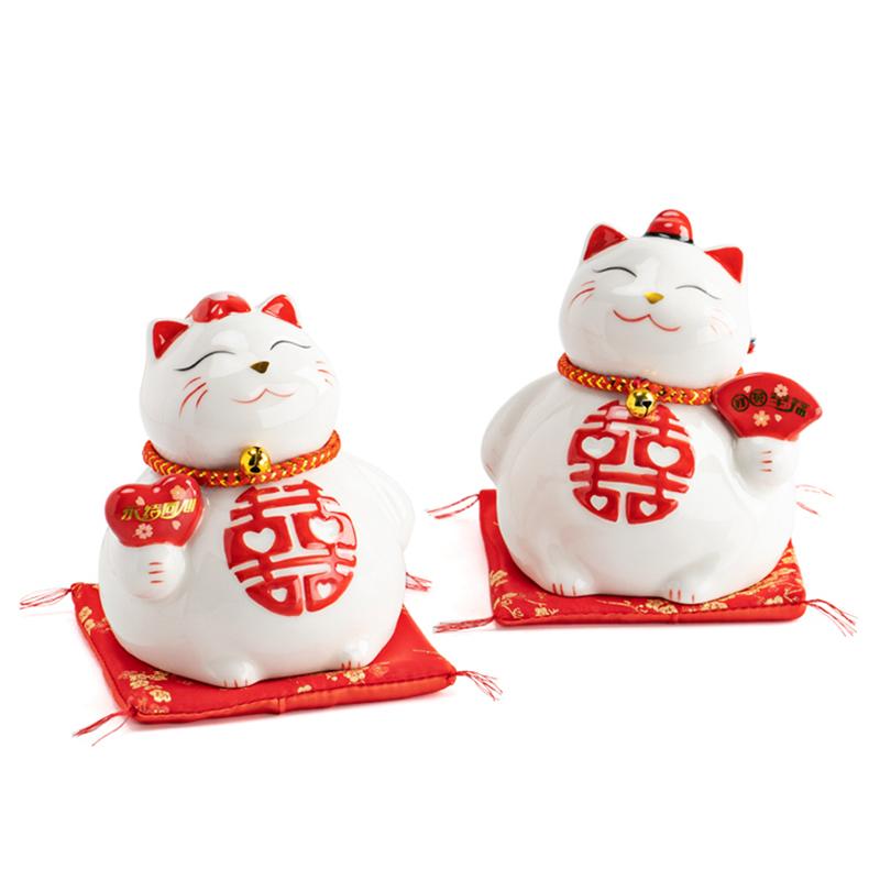 1 Set Ceramic Couple Lucky Cat For Wedding Marriage Porcelain Maneki Neko Fortune Cat Piggy Bank Money Box 5.3 Inch