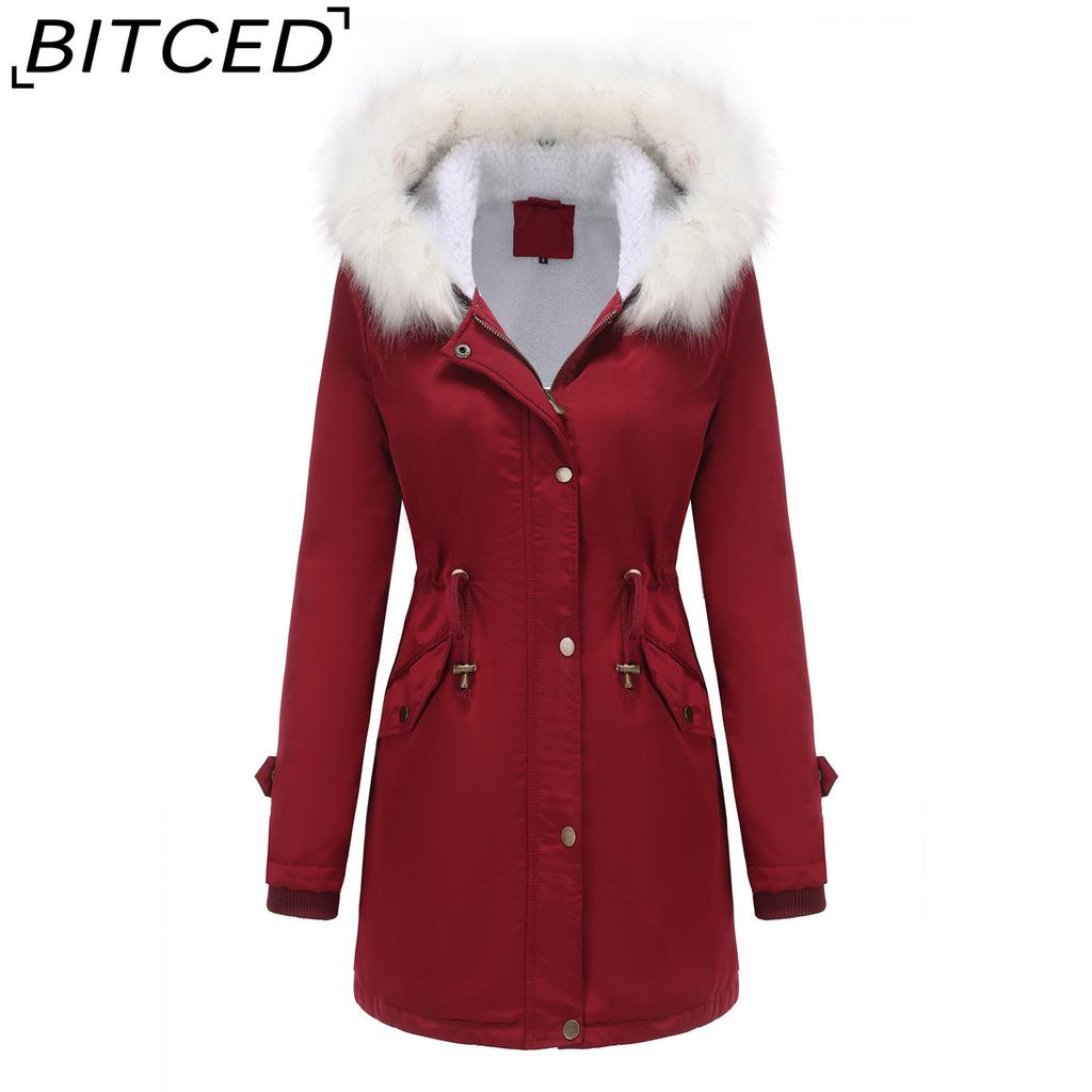 BITCED Autumn/Winter Detachable Fur Collar Women's Parka Long-Sleeved Hooded Cotton Coat Fleece Overcoat