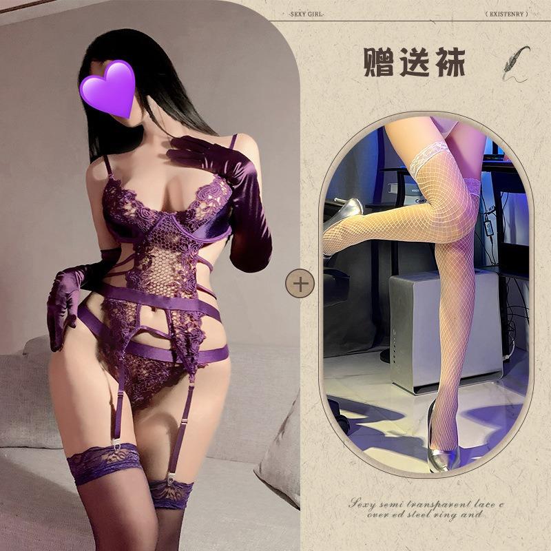 Premium purple suspender sex underwear steel ring gathering free perspective uniform