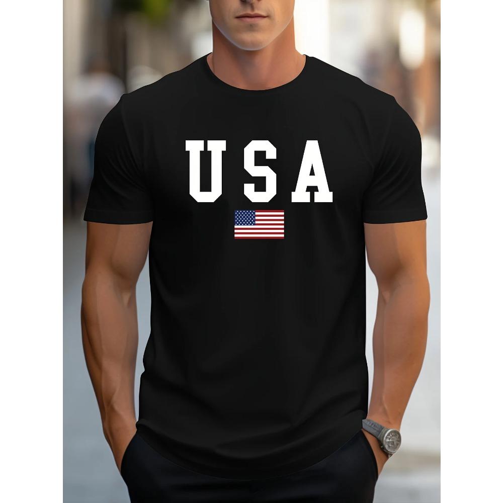 Men's 100% Pure Cotton Summer Loose Fit Large Usa Print Casual Slim Fit Round Neck Short Sleeved T-shirt Top